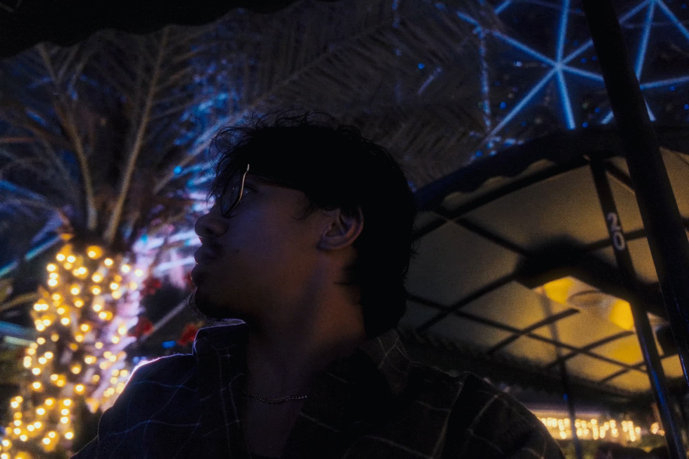 Andrew Amisola in A Christmas at Disney — Andrew in profile under blue-lit canopy and holiday lights.