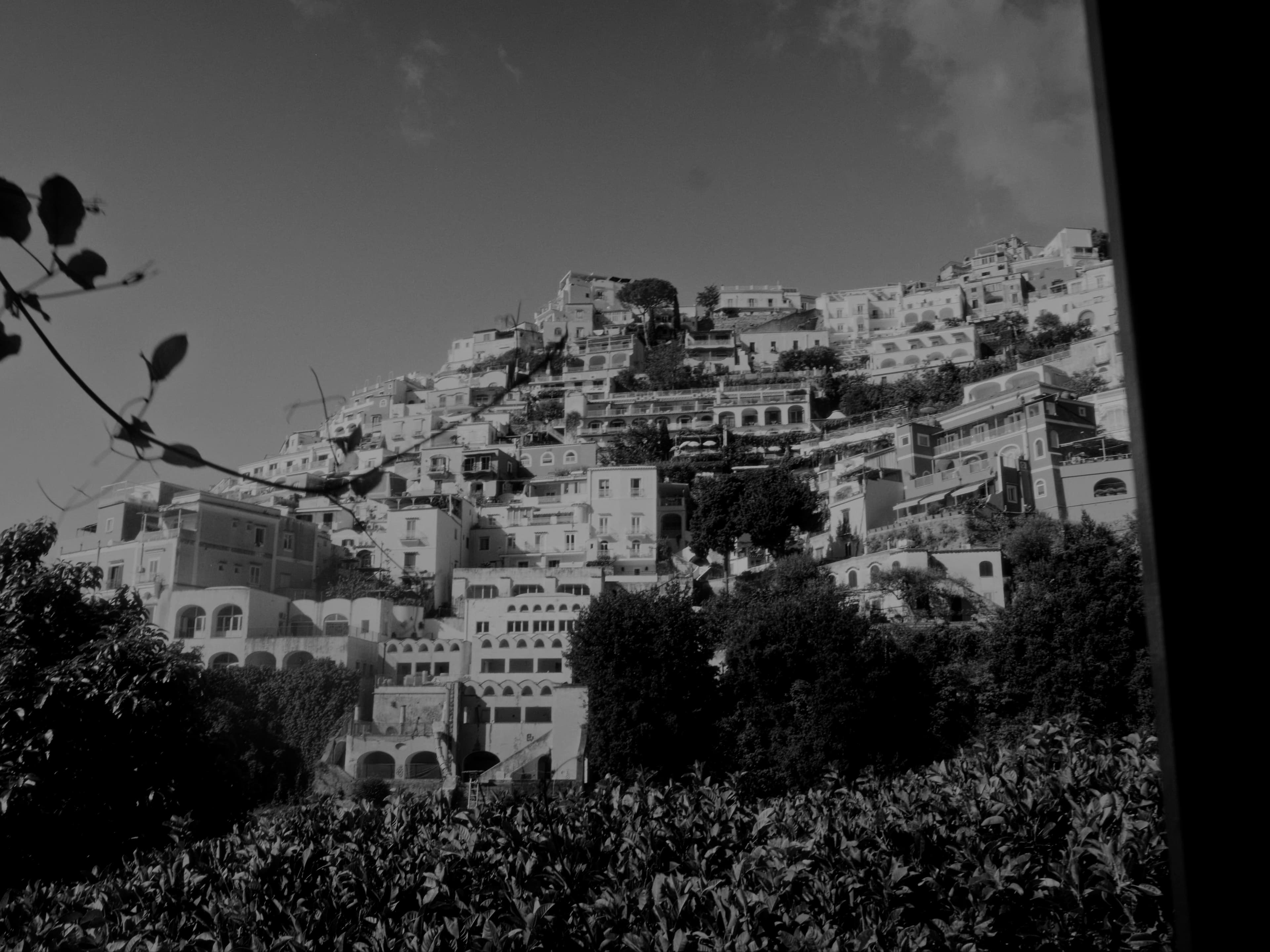 A hillside town framed by leaves in the foreground under a bright sky.