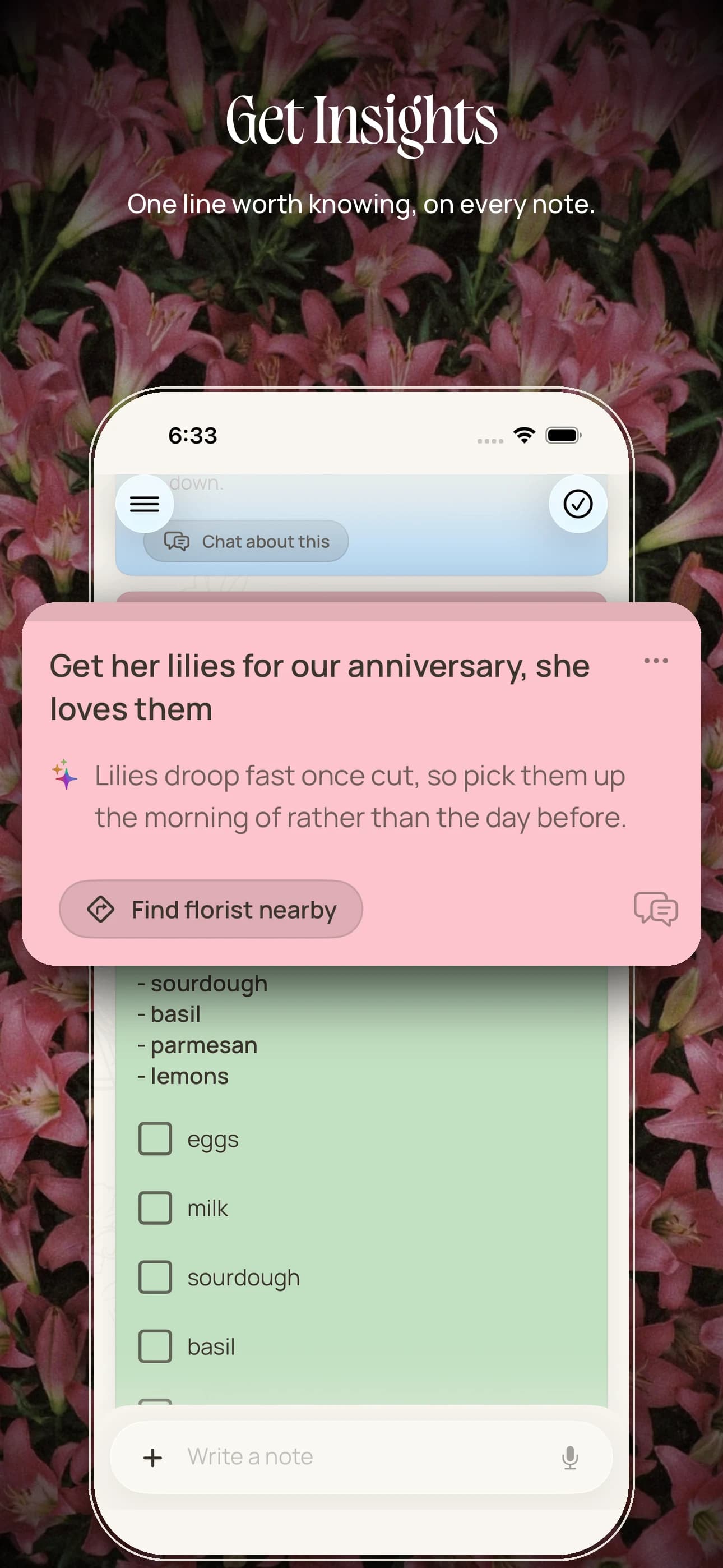 App Store screenshot headed "Get Insights" with the line "One line worth knowing, on every note," over a photo of pink lilies, showing a note to get her lilies for their anniversary with an Insight that lilies droop fast once cut, so pick them up the morning of rather than the day before, and a Find florist nearby button