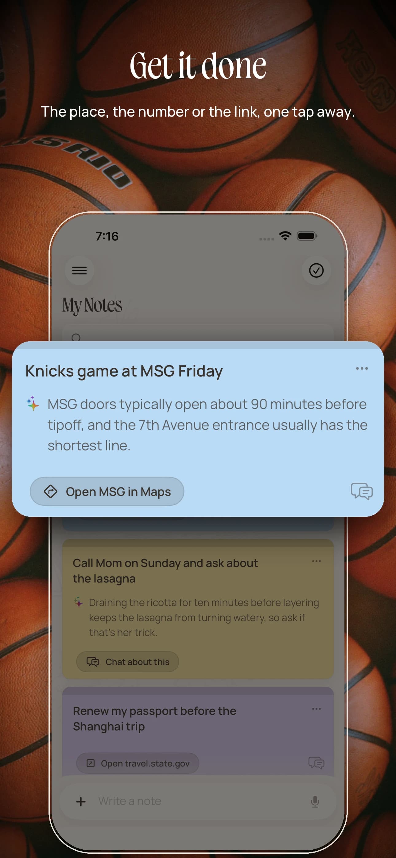 App Store screenshot headed "Get it done" with the line "The place, the number or the link, one tap away," over a photo of basketballs, showing the Knicks game at MSG Friday note raised above the board, with its Insight about MSG's doors and the 7th Avenue entrance and an Open MSG in Maps button