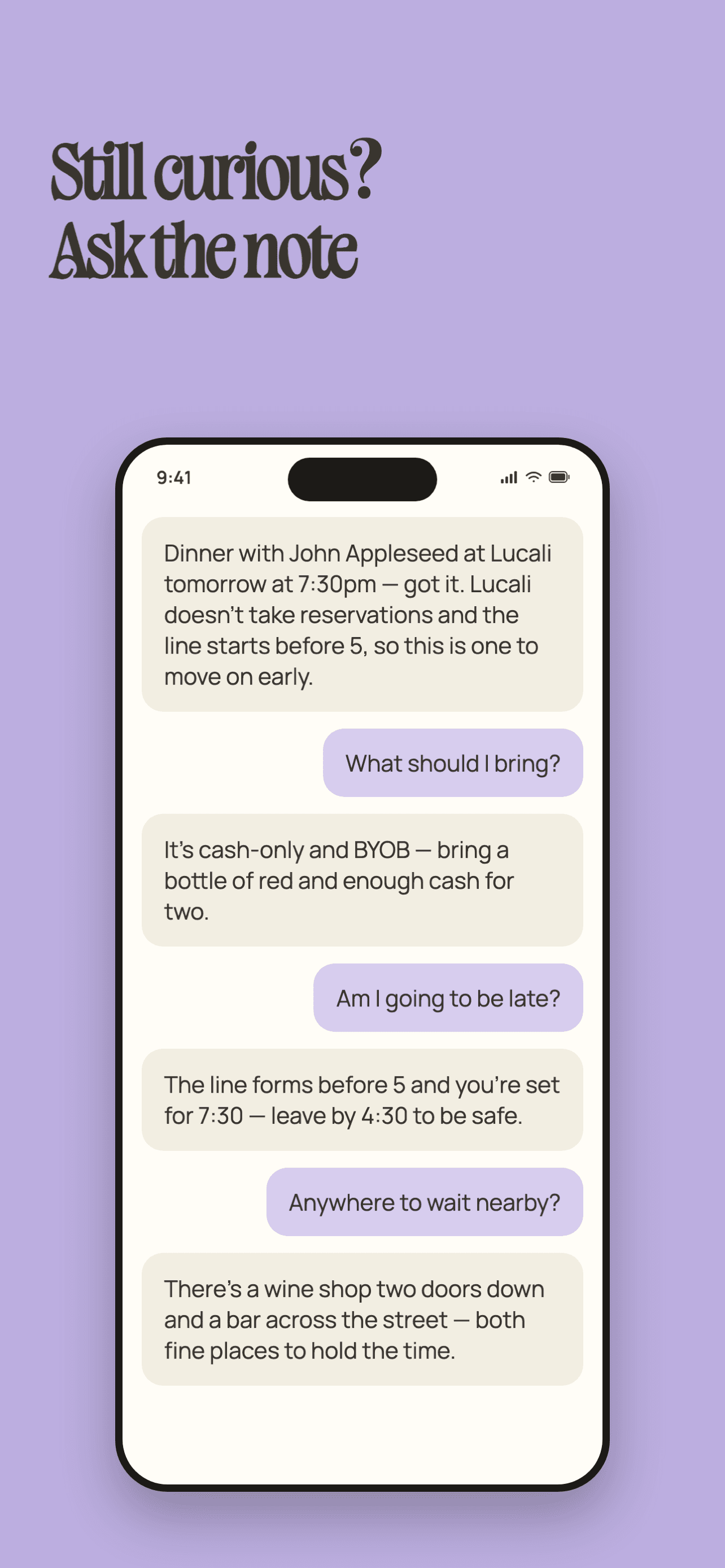 App Store screenshot headed "Still curious? Ask the note," showing a chat on the Lucali dinner note: Notif opens by summarizing the plan and the early line, then answers what to bring, whether you'll be late, and where to wait nearby