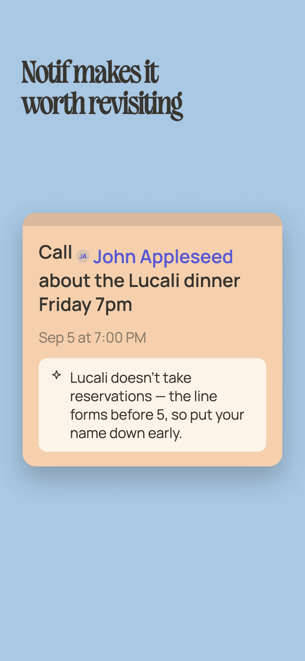 App Store screenshot headed "Notif makes it worth revisiting," showing a note to call John Appleseed about the Lucali dinner, dated Sep 5 at 7:00 PM, with an Insight that Lucali doesn't take reservations and the line forms before 5