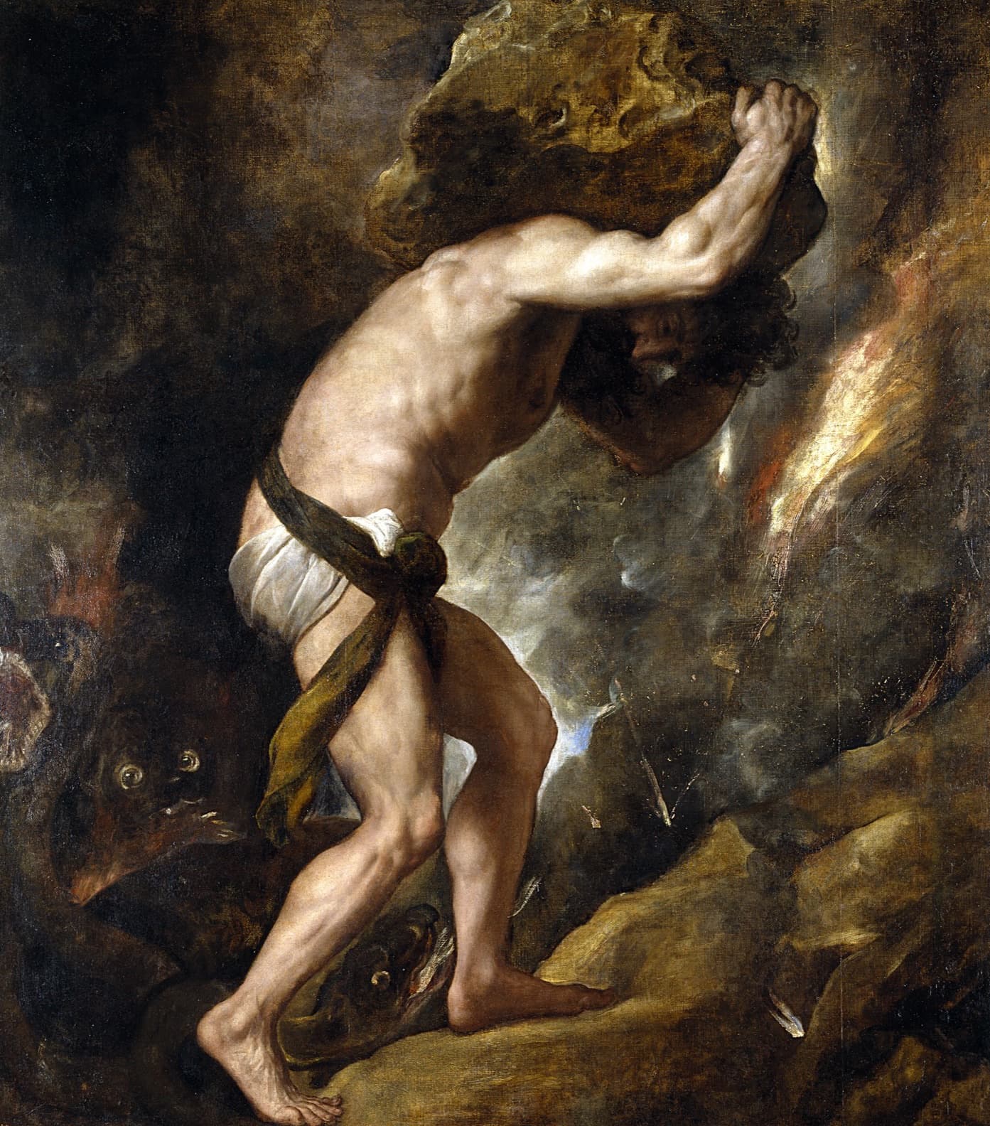 Titian's painting of Sisyphus: a muscular man, bent nearly double, carries a huge boulder on his shoulders up a rocky slope through smoke and fire